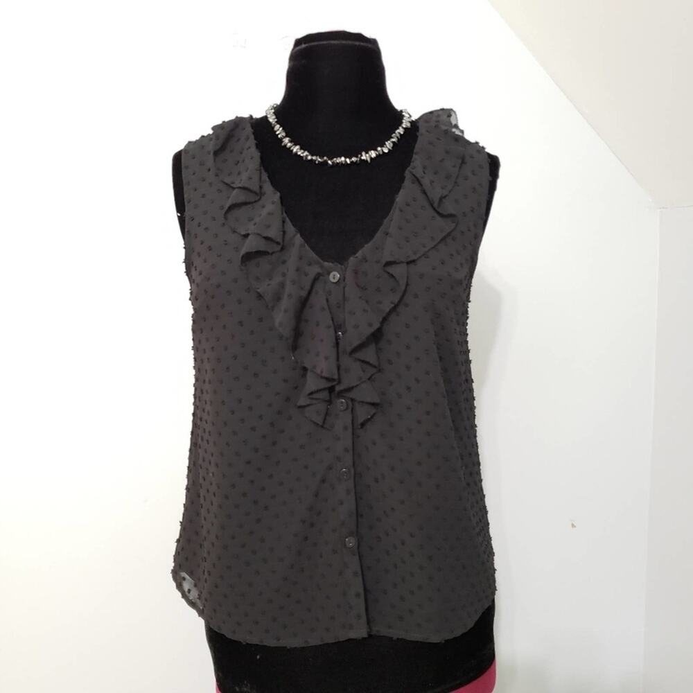 NEW Wishlist Black Sleeveless Plunging Ruffled Neckline Textured Swiss Dot Top